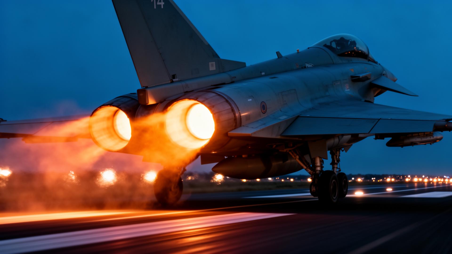 Typhoon afterburner takeoff at dusk